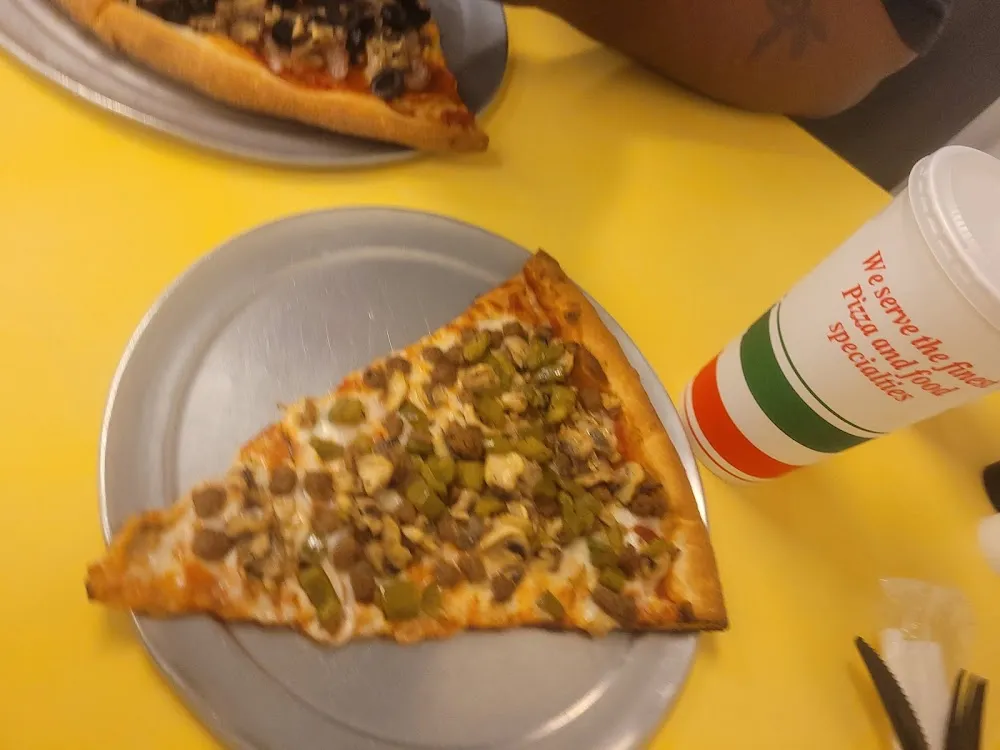 Cheese Pizza Slice with Beef and Green Peppers